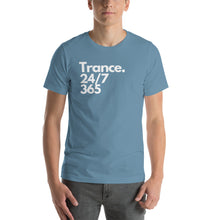 Load image into Gallery viewer, &#39;Trance. 24/7 365&#39; Short-Sleeve Unisex T-Shirt (Black, Asphalt, Steel Blue)
